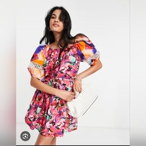 EUC French Connection Isadora Patch Pink & Orange Puff Sleeve Cotton Dress - XS